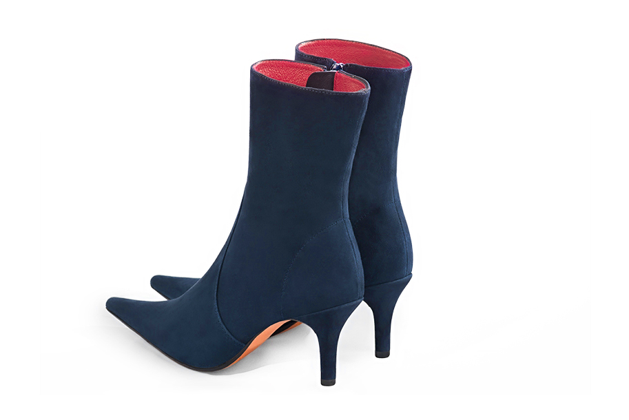 Navy blue women's ankle boots with a zip on the inside. Pointed toe. High slim heel. Rear view - Florence KOOIJMAN
